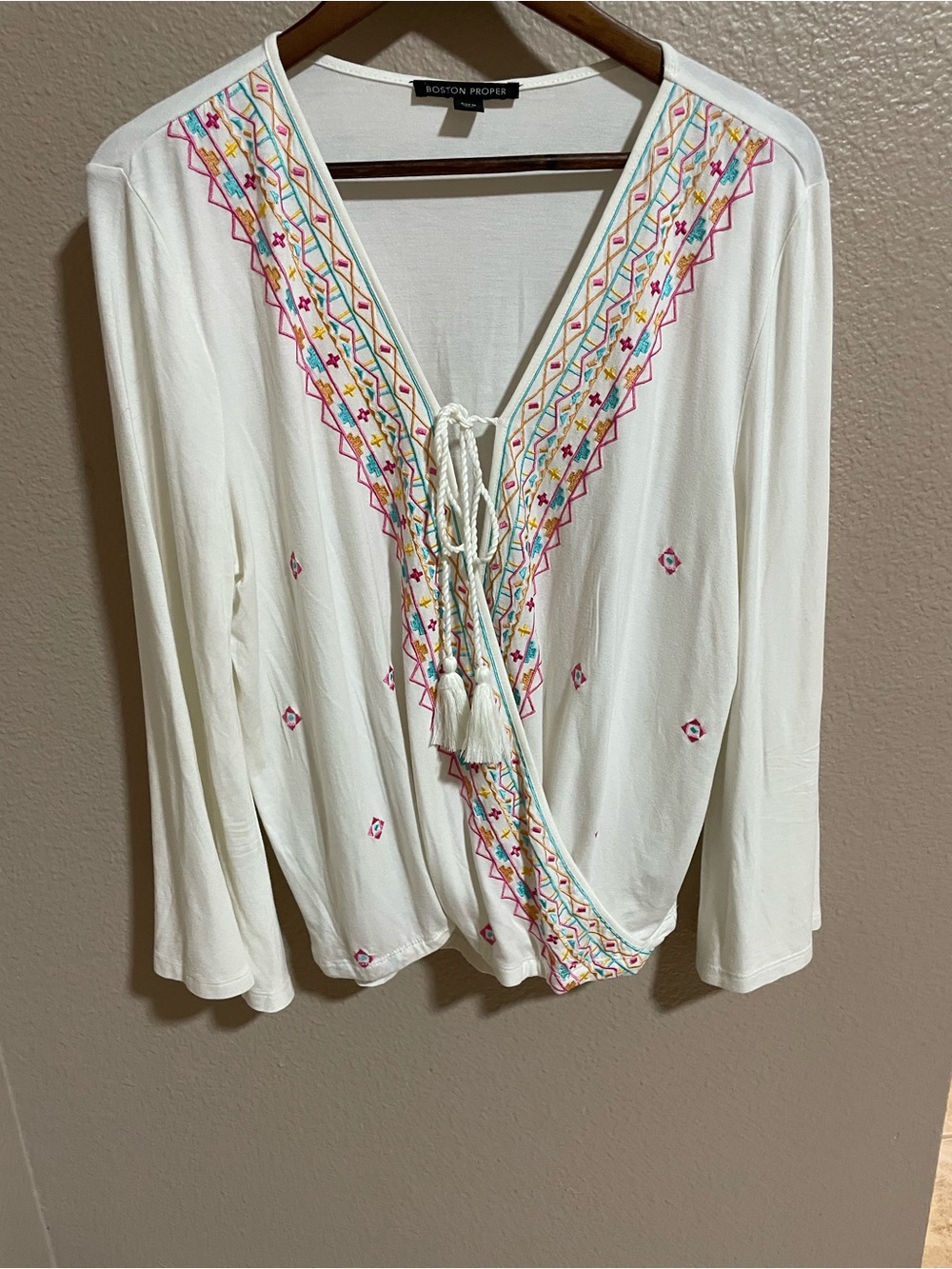 Boston Proper White Embroidered V-Neck Tassel Blouse